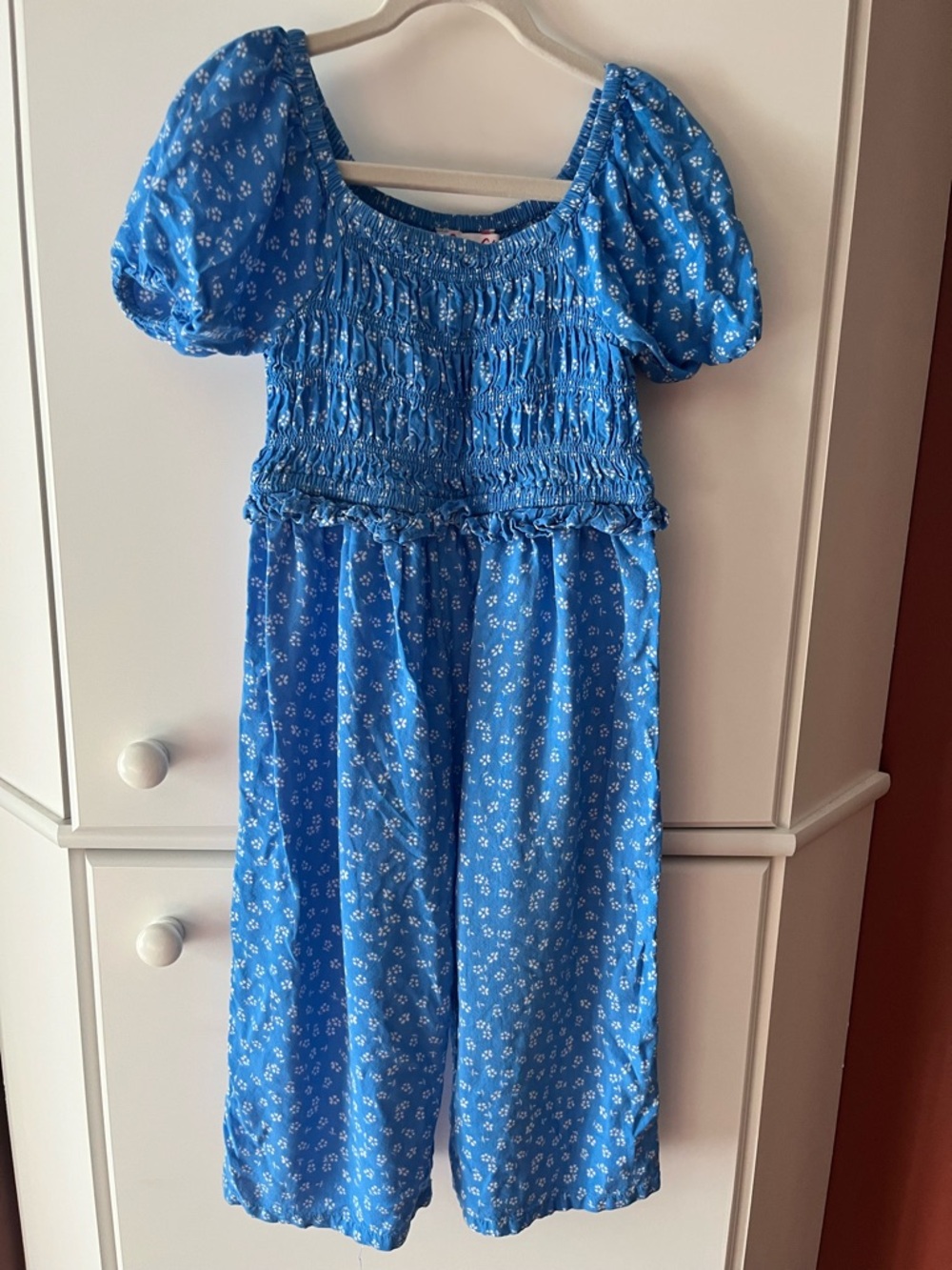 Blue Floral Smocked Puff Sleeve Midi romper